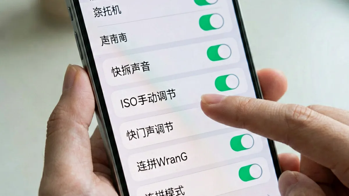 展示手机摄像头设置界面，用户正在调整自拍偷拍相关的快门声音与连拍参数